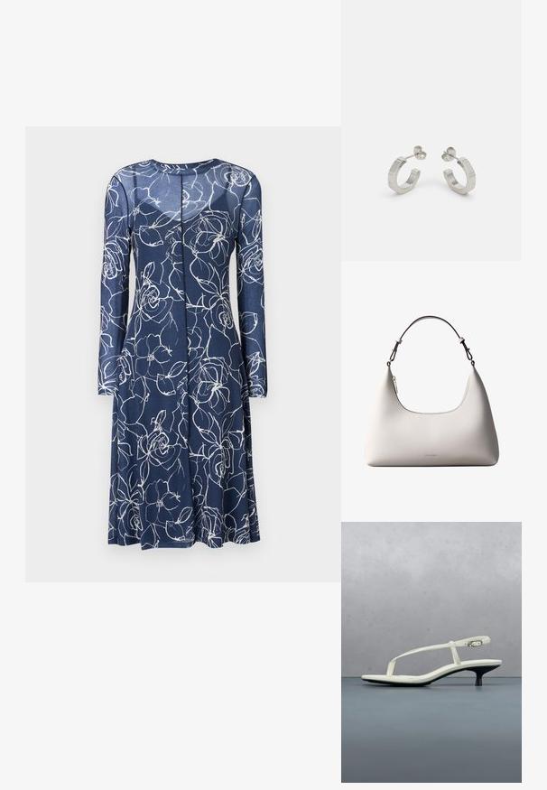 Navyblauwe jurk met lange mouwen, voorzien van witte bloemenpatronen. Gemaakt van zachte stof, heeft het een ronde halslijn en een vloeiende zoom.; Witte sandaal met smalle bandjes en kitten heel, met een spitse neus, zwevend boven een houten tegelvloer buiten, met op de achtergrond een wazige plant en muur.; Romige Calvin Klein leren schoudertas met gebogen bovenrand, zilveren rits en donkerbruine verstelbare riem.; Zilveren metalen hoepel oorbellen met een gestructureerd ontwerp, voorzien van een kleine post achter en branding op een van de hoepels. Ronde vorm met een gepolijste afwerking.
