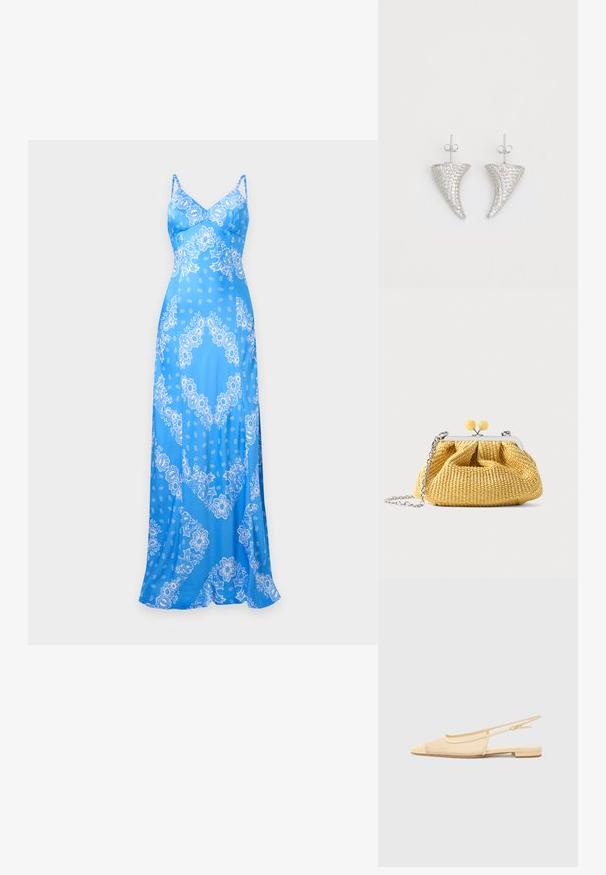 Sininen maksi-mekko, jossa valkoinen kukallinen paisley-kuosi, spagettiolkaimet, istutettu rintamusta ja sivuhalkio.; Slingback-latukka kevyessä beigemässä, jossa on verkkokangaspäällinen, kahleettu kärki ja matala korko. Varusteena on säädettävä hihna istuvuuden takaamiseksi.; Pieni keltainen kudottu käsilaukku hopeisella kehyksellä, kaksi keltaista pallonmuotoista lukkoa ja hopeaketju olkahihnana valkoisella taustalla.; Hopeahorniset korvakorut, joissa on pieniä kirkaita kiviä, varustettu takakiinnityksellä. Sileä pinta ja metallinen viimeistely.