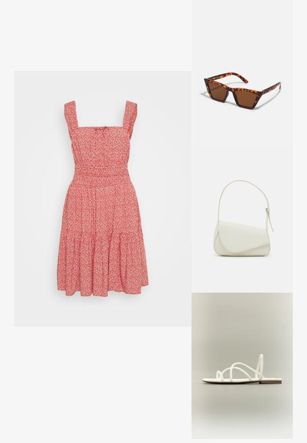 Robe fleurie rouge avec décolleté carré, fines bretelles et jupe à volants. Fabriquée à partir d'un tissu léger avec une texture apparente.; Sandale plate blanche avec des fines brides croisées et une bride à la cheville, présentée sur un fond neutre.; Lunettes de soleil teintées de brun avec un motif écaille de tortue, monture angulaire et branches fines. Matériau en plastique léger.; Sac à main en cuir synthétique blanc avec une forme triangulaire structurée, une bandoulière unique réglable et un rabat à courbes accentuées.