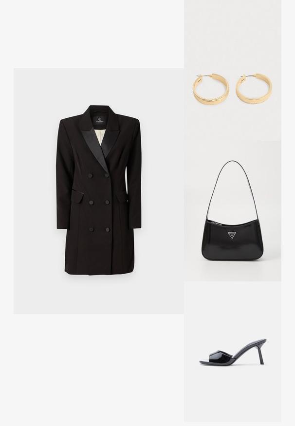 Dobbeltbreasted sort blazer kjole lavet af glat stof, med satin klap, to klaplommer og seks frontknapper.; Sorte laklæder sandaletter med åben tå, der har et buet overdesign og en spids stilethæl. Glat, blank finish.; Sort patenteret læder skuldertaske med en buet form, prydet med et sølvfarvet trekantet logo og en lynlås-lukning. Glat tekstur og slank rem.; Et par guldtonede hoops øreringe med en række små krystaller langs den yderste kant, vist på en ensfarvet lys baggrund.