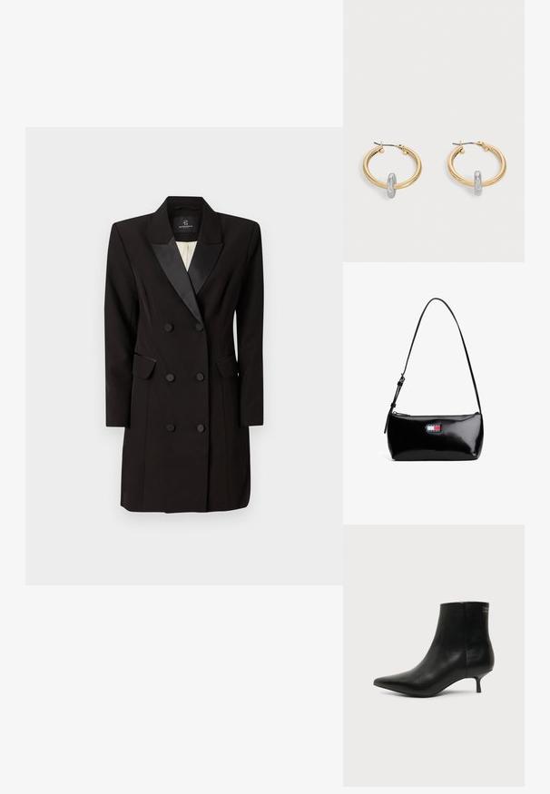 Dobbeltbreasted sort blazer kjole lavet af glat stof, med satin klap, to klaplommer og seks frontknapper.; Sort læder ankelstøvle med spids tå og lav kitten hæl på lys baggrund, der viser yderside.; Sort patenteret læder skuldertaske med en buet rem, lynlåslukning og et rektangulært logo patch i rød, hvid og blå.; Par guldtonede hoop øreringe med lille sølvfarvet loop-detalje på hver, vist mod lysegrå baggrund.