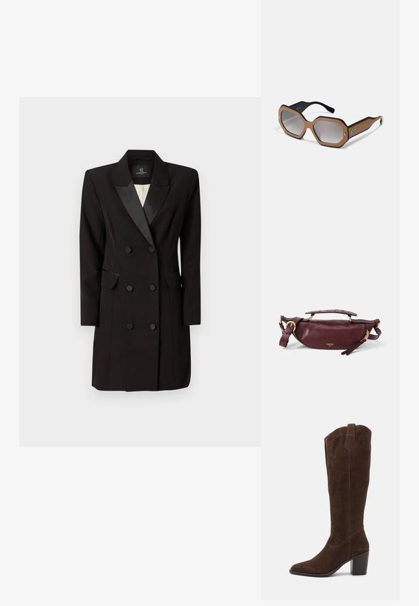 Dobbeltbreasted sort blazer kjole lavet af glat stof, med satin klap, to klaplommer og seks frontknapper.; Anna Field LEATHER - Højhælede støvler - brown; Octagonale solbriller med et brunt og sort farveskema, gradientlinser og et logoaccent på siden. Fremstillet af plastmateriale.; Bordeaux læderhåndtaske med en afrundet silhuet, guld hardware, et top håndtag og en justerbar rem. Har prægede logo detaljer.