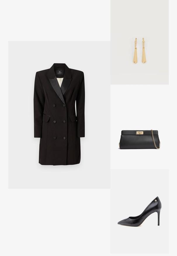 Dobbeltbreasted sort blazer kjole lavet af glat stof, med satin klap, to klaplommer og seks frontknapper.; Sort læderpump med høje hæle og spids tå, der har et udskåret design og en lille gulddetalje med logo på hælen.; Sort læderclutch med lås i guldmetal og en matchende guld kæderem til skulderen.; Øreringe i guldfarvet metal med glatte, aflangt dråbeformede vedhæng, der hænger fra små creol-låse på en hvid baggrund.