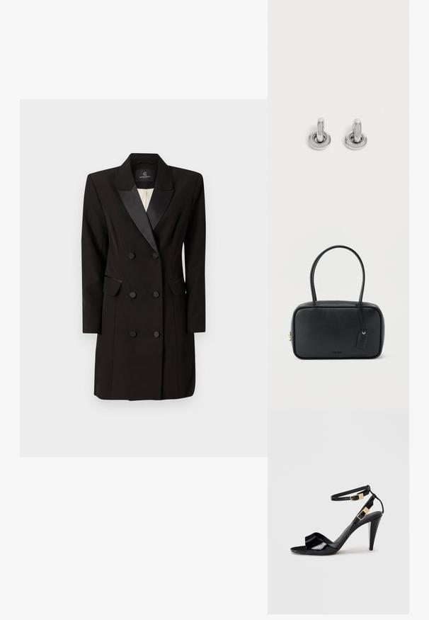 Dobbeltbreasted sort blazer kjole lavet af glat stof, med satin klap, to klaplommer og seks frontknapper.; Sorte patentlæder højhælede sandaler med dobbelte ankelremme og guldspænder, åben tå og slank taperet hæl på neutral baggrund.; Sort rektangulær håndtaske med dobbelte runde håndtag, gylden lynlås og præget "HUGO"-logo foran med fastgjort lædermærke.; Par små, skinnende sølv hoops med rund base, vist på en ensfarvet lys baggrund.