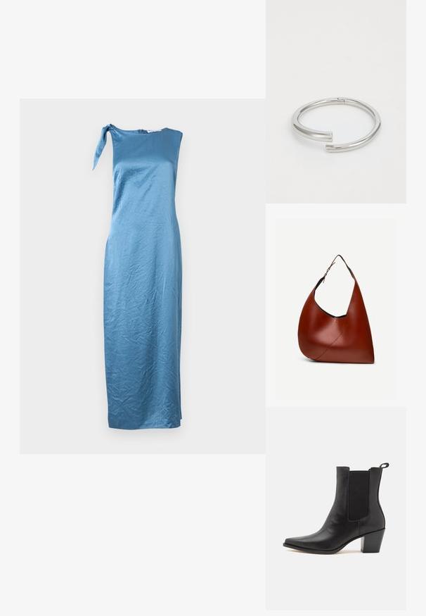 Asymmetrisches blaues Satin-Kleid mit einem einzelnen Schulterträger und einem Bindedetail, das eine figurbetonte Silhouette und einen mittellangen Saum hat.; Dolce Vita SHADIE - Stiefelette - black; Braune Leder-Hobo-Tasche mit einem verstellbaren Einzelriemen, geschwungenem Körper und sichtbaren diagonalen Nähten vor weißem Hintergrund.; Calvin Klein SPIRAL - Armband - silver-coloured