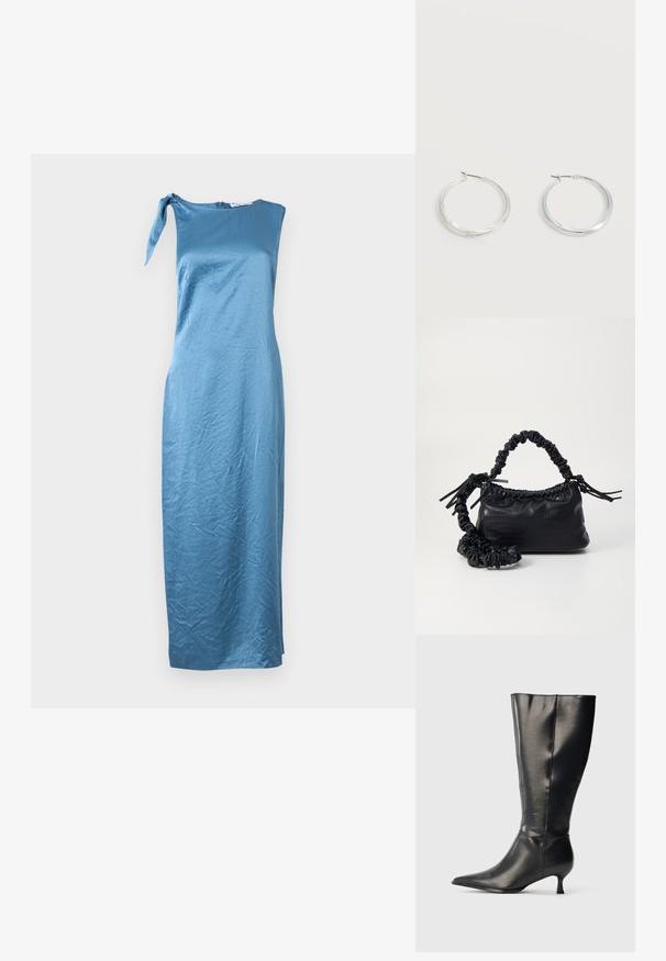 Asymmetriska blå satin klänning med en axelrem och en knytdetalj, som har en figursydd silhuett och midje-längd fåll.; Musta, polven korkeudelle ulottuva nahkasaapas, jossa on terävä kärki ja matala kissankorko, esitetty yksinkertaisella vaalealla taustalla.; Must-have mustekahvi nahkalaukku krokotiiliaistalla, kiristetty yläosa ja rypistetty hihna. Näyttää pehmeältä ja kompaktilta muotoilultaan.; Hopeiset metalliset renkaskorvakorut, joissa on sileä, hieman kaareva pinta ja lukolliset takakiinnitykset yksinkertaisella valkoisella taustalla.