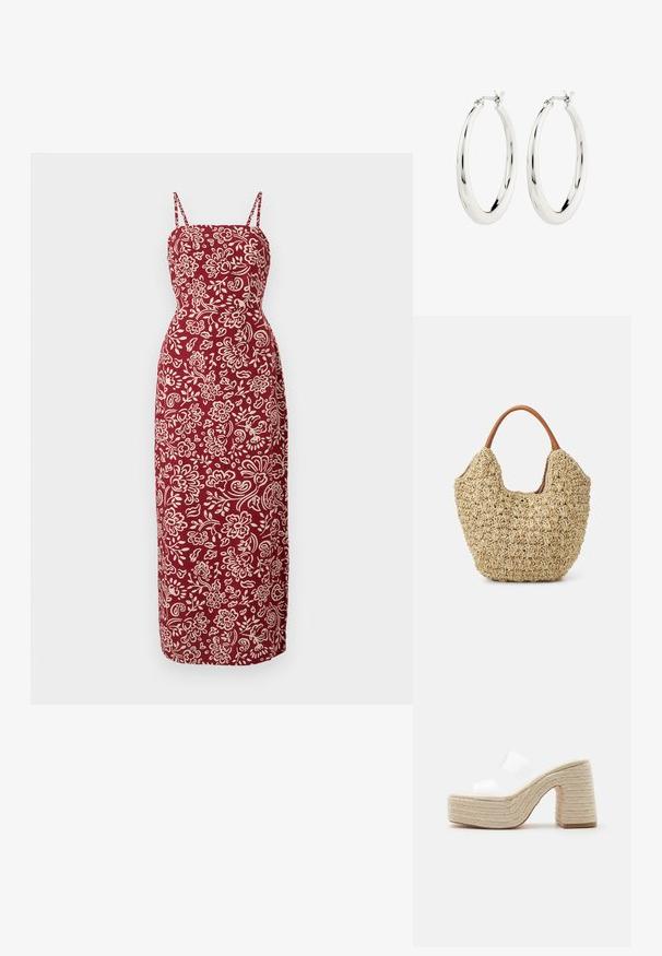 Vestido Maxi de un profundo color rojo, con un corsé ajustado y tirantes finos. Presenta un patrón floral blanco y una silueta recta.; Sandalia de plataforma con tacón y suela beiges tejidos gruesos, con dos anchas tiras translúcidas blancas sobre el pie.; Bolsa de tote de paja trenzada con una textura natural y una forma suave y orgánica, con asas de cuero marrón para un fácil transporte.; Pendientes de aro de plata con un acabado suave y brillante. Forma circular, con un cierre seguro. Diseño sencillo y elegante.