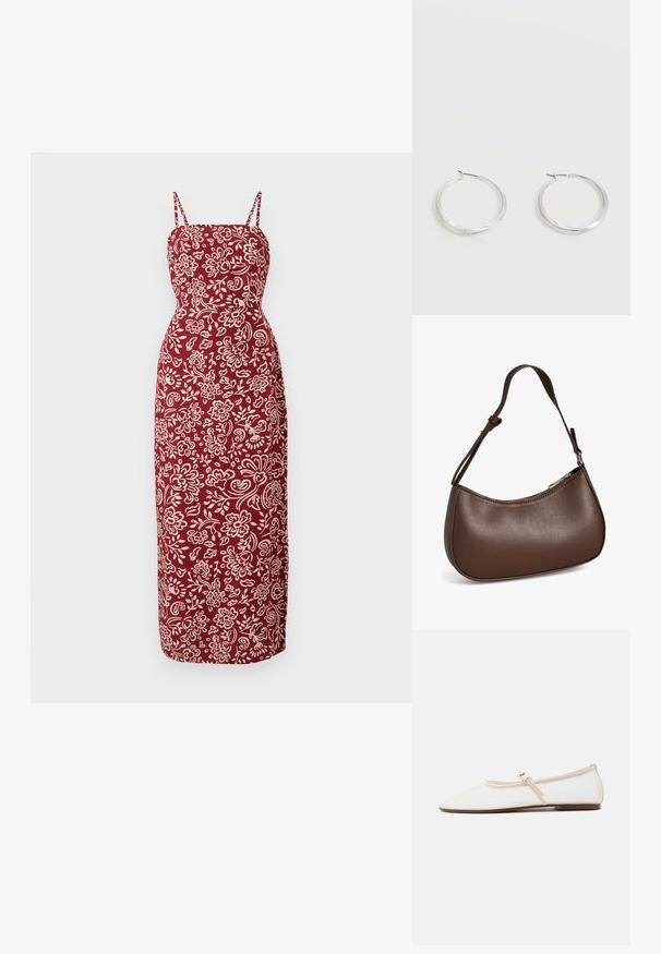 Vestido Maxi de un profundo color rojo, con un corsé ajustado y tirantes finos. Presenta un patrón floral blanco y una silueta recta.; Zapato plano Mary Jane blanco con puntera puntiaguda, tira delgada ajustable con hebilla plateada y suela marrón sobre fondo blanco.; Pequeño bolso bandolera de cuero marrón con correa ajustable y cierre de cremallera, mostrado sobre un fondo blanco. Sin logotipos ni adornos visibles.; Pendientes de aro de metal plateado con superficie lisa y ligeramente curvada y cierre de tipo mosquetón sobre un fondo blanco liso.