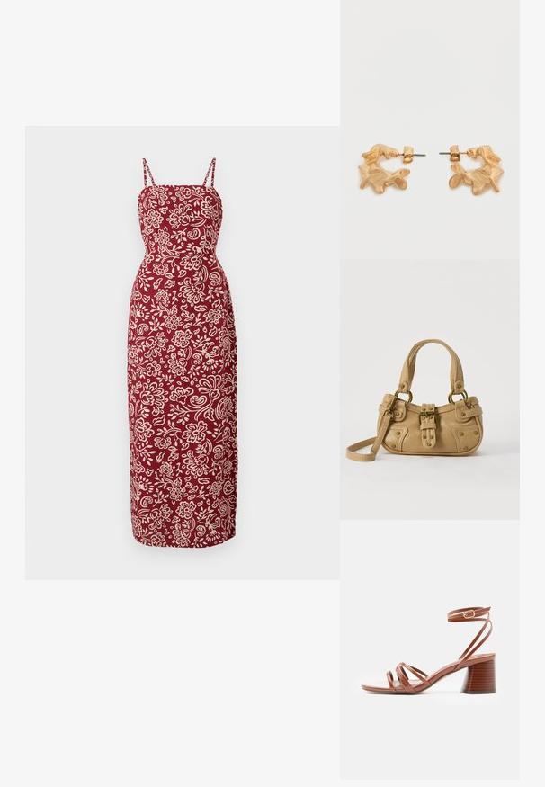 Vestido Maxi de un profundo color rojo, con un corsé ajustado y tirantes finos. Presenta un patrón floral blanco y una silueta recta.; Sandalia marrón con tiras, tacón cuadrado y hebilla de cierre en el tobillo, diseño minimalista, textura de cuero liso, vista lateral sobre fondo liso.; Bolso de cuero beige con doble asa, hebilla y remaches de latón, y una correa de hombro ajustable sobre un fondo blanco.; Pendientes de tono dorado con una forma abstracta y orgánica, que presentan una superficie texturizada y un cierre de poste trasero.