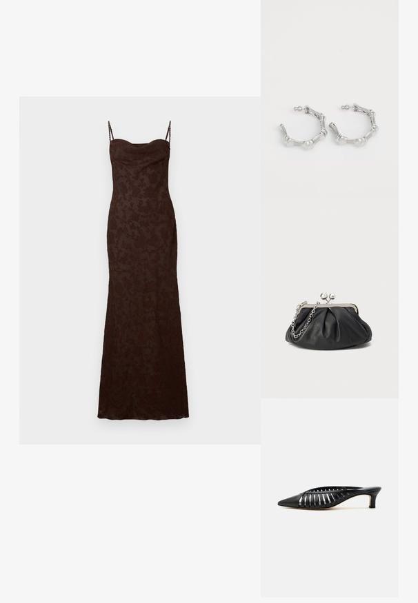 Robe maxi marron avec une texture florale délicate, des bretelles fines et ajustables, et une silhouette cintrée. Tissu lisse avec un léger éclat.; Mule en cuir noir avec bout pointu, design découpé à brides et petit talon kitten sur fond blanc.; Porte-monnaie en cuir noir avec texture froncée, cadre en métal argenté, fermeture à verrouillage kiss-lock et bandoulière en chaîne. Surface lisse et douce.; Boucles d'oreilles en argent avec un design texturé et bosselé. Fabriquées en métal, elles disposent d'une fermeture à tige sécurisée et d'une finition polie.