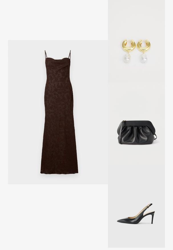 Bruine maxi-jurk met delicate bloemenstructuur, dunne verstelbare bandjes en een getailleerde pasvorm. Soepele stof met een subtiele glans.; Zwarte leren slingback-hakken met een spitse neus, verstelbare band en een elegante stiletto-hak, met een gladde afwerking.; Zwarte leren clutch met een gestructureerd frame, geplooide details en een smalle polsband, op een witte achtergrond.; Gouden hoepel oorbellen met een gepolijste afwerking, voorzien van een hangende irregular gevormde witte parelaccent. Circulair ontwerp, gladde textuur.