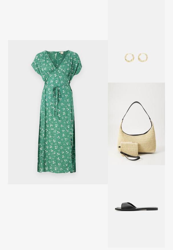 Robe maxie verte à motifs floraux avec manches courtes, décolleté en V, design à taille nouée et tissu léger comportant des fleurs blanches éparpillées.; Des sandales en slide noires présentent un matériau synthétique lisse, un design ouvert à l'avant et une semelle plate avec une bande d'accent minimaliste sur le côté.; Sac à main en paille tissée avec une silhouette courbée, doté d'une bandoulière en cuir noir lisse et d'une petite pochette assortie attachée par une sangle pour le poignet.; Boucles d'oreilles en or en forme de créole avec une surface texturée et irrégulière. Présentent un design léger et une forme circulaire, adaptées à un port quotidien.