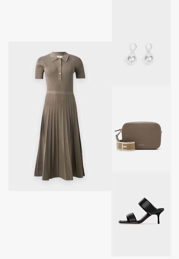 Vestido midi acanalado en marrón grisáceo con mangas cortas, cuello tipo polo, botonera dorada y diseño de falda plisada. Textura suave.; Sandalia mule de cuero negro con dos tiras anchas y un tacón de aguja delgado de altura media sobre un fondo claro y sencillo.; Bolso de cuero marrón tipo bandolera con forma rectangular, que cuenta con una cremallera dorada y una correa de tela con un patrón. Logo visible en la parte frontal.; Pendientes de plata en forma de gota con superficies redondas y reflectantes colgando de cierres de palanca. El fondo es blanco liso.