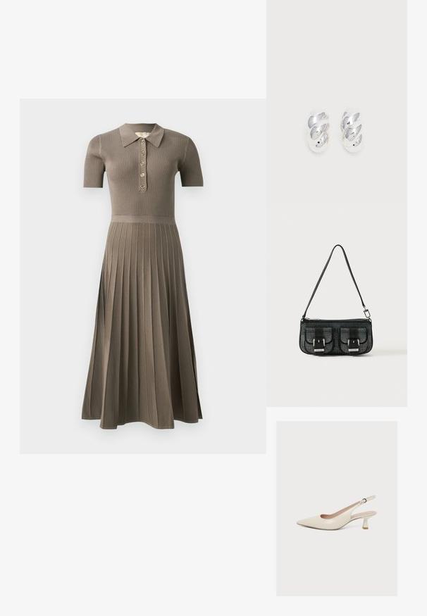 Vestido midi acanalado en marrón grisáceo con mangas cortas, cuello tipo polo, botonera dorada y diseño de falda plisada. Textura suave.; Zapato pump beige de piel con tira trasera, punta afilada, tacón bajo y curvado y correa ajustable con hebilla.; Bolso de mano negro estructurado con un diseño perforado, que cuenta con dos bolsillos frontales con hebillas, herrajes en plata y una correa desmontable.; Par de pendientes de aro retorcidos en tono plateado brillante sobre un fondo blanco.