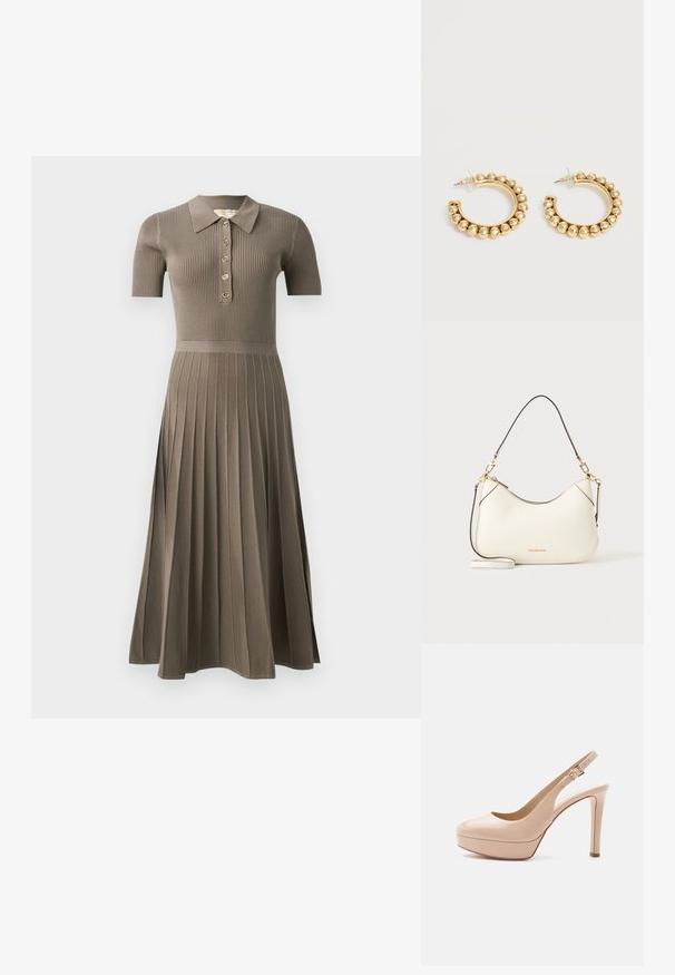 Vestido midi acanalado en marrón grisáceo con mangas cortas, cuello tipo polo, botonera dorada y diseño de falda plisada. Textura suave.; Zapato de tacón alto tipo slingback de charol beige con suela plataforma y hebilla dorada en la correa del tobillo, mostrado de perfil sobre fondo blanco.; Bolso de hombro de piel blanco con herrajes dorados, ribete negro y correa extraíble. Logotipo de Michael Kors en dorado en el centro inferior.; Par de pendientes de aro en tono dorado con detalles de cuentas redondeadas a lo largo del borde exterior sobre un fondo claro.