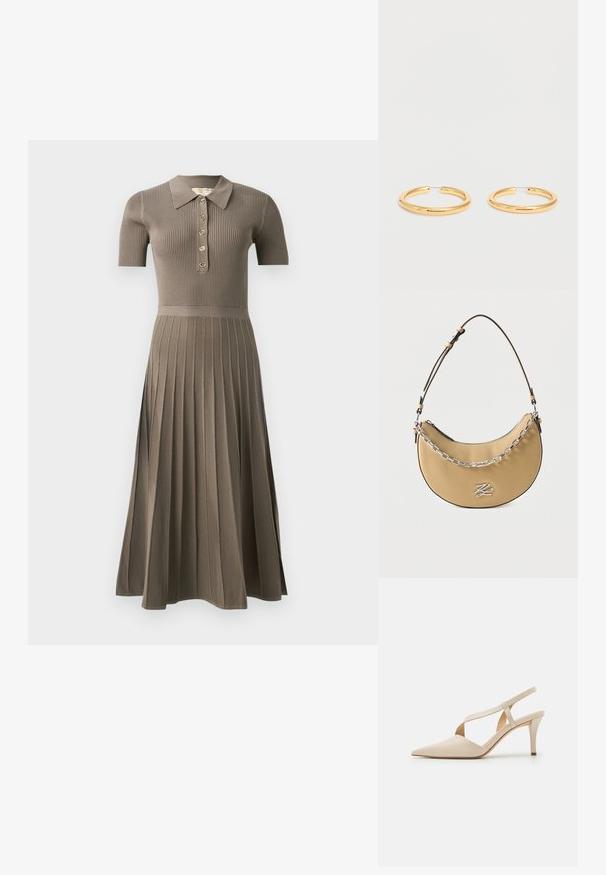 Vestido midi acanalado en marrón grisáceo con mangas cortas, cuello tipo polo, botonera dorada y diseño de falda plisada. Textura suave.; Zapatos de tacón en color beige con diseño de punta. Fabricados con material suave, cuentan con un tacón delgado y detalles de tiras cruzadas para un ajuste seguro.; Bolso de mano en forma de media luna color marrón claro con detalle de cadena plateada, correa ajustable y un pequeño logo plateado en el frente.; Par de pendientes de aro medianos de oro pulido con cierres de alambre delgado sobre un fondo blanco liso.