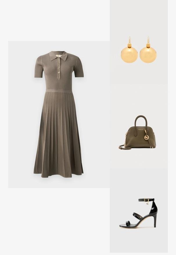 Vestido midi acanalado en marrón grisáceo con mangas cortas, cuello tipo polo, botonera dorada y diseño de falda plisada. Textura suave.; Sandalia de charol negro con tres correas, hebilla en el tobillo y tacón de aguja de 10 cm. Presenta detalles de hardware en oro y un charm con el logo.; Bolso de mano Michael Kors de cuero verde oliva con dos asas, colgante dorado con el logo y correa de hombro desmontable sobre un fondo liso claro.; Par de pendientes de bola navideña dorados brillantes con cierre de gancho sobre un fondo blanco liso.