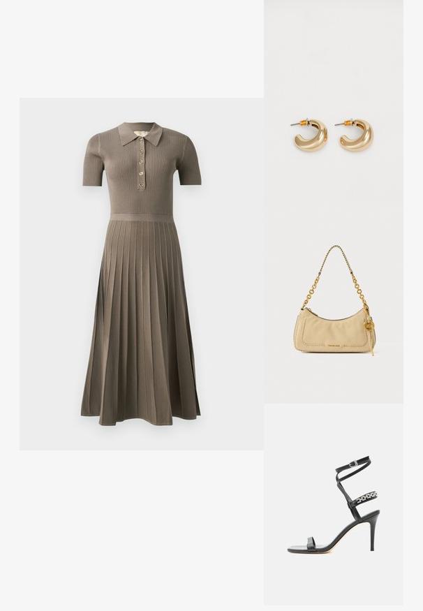 Robe midi côtelée en gris-brun avec des manches courtes, un col polo, un boutonnage doré et un design de jupe plissée. Texture douce.; Sandale noire à talon haut avec fine bride à la cheville, bride médiane décorée de maillons de chaîne argentés, et design à bout ouvert.; Sac à épaule en cuir beige avec bords tressés, bandoulière chaîne dorée et pendentif circulaire doré aux initiales MK.; Deux boucles d'oreilles en forme de cerceau en or brillant, avec un design courbé, présentant des accents orange près de la tige, sur fond blanc uni.
