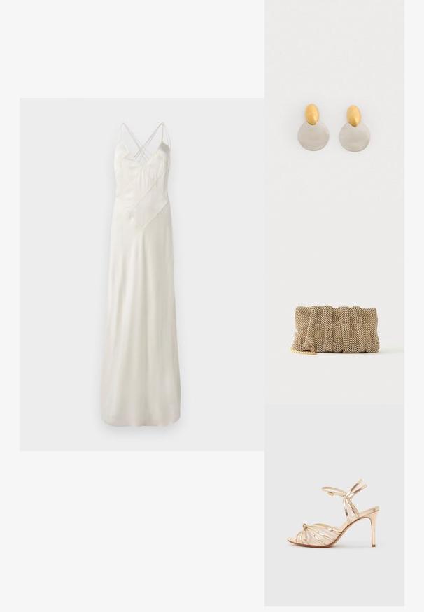 Langes, cremefarbenes Satin-Kleid mit dünnen Trägern, das ein Kreuzdesign am Ausschnitt aufweist und eine legere Passform hat, mit einer glatten, glänzenden Textur.; Goldfarbene, römische High-Heel-Sandale mit Knöchelschnalle, offener Spitze und Knoten-Detail vor hellem Hintergrund.; Kleine goldene Mesh-Clutch mit gerafftem Design und teilweise sichtbarem goldenen Kettengurt auf einfachem weißem Hintergrund.; Ohrringe aus Gold und Silber mit einer runden Diskusbasis und einem ovalen Oberteil, glatte Textur und polierte Oberfläche.