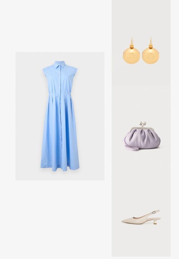 Robe chemise sans manches bleu clair avec col, boutonnée et jupe plissée, présentée sur un fond uni.; Chaussure slingback beige à bout pointu avec un petit talon kitten et une boucle latérale réglable sur fond blanc uni.; Pochette lavande douce avec tissu froncé, fermoir kiss-lock argenté et bracelet assorti sur un fond clair uni.; Paire de boucles d'oreilles boule de Noël dorées brillantes avec fermoirs à crochet sur fond blanc uni.