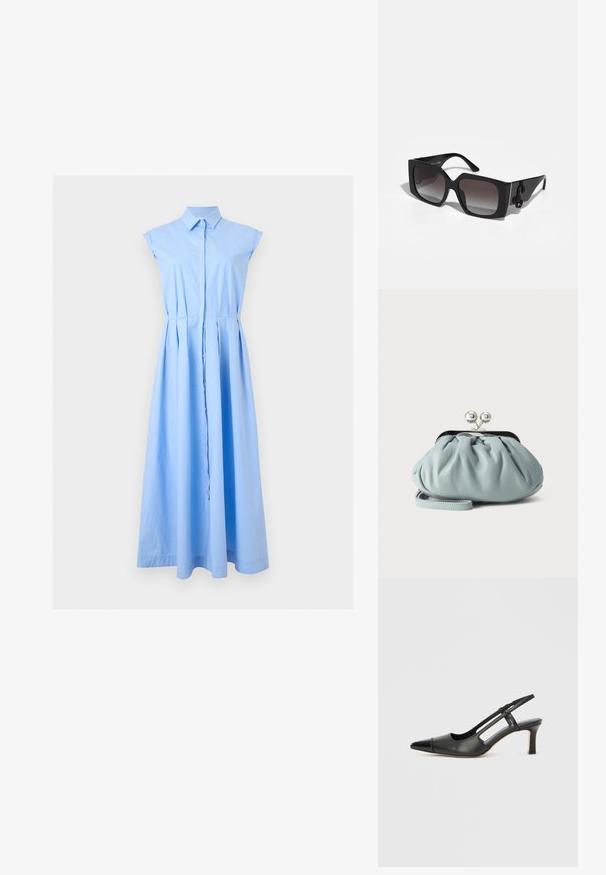 Robe chemise sans manches bleu clair avec col, boutonnée et jupe plissée, présentée sur un fond uni.; Chaussure à bride arrière en cuir noir avec bout pointu, dotée d'un accent brillant sur le bout et d'un talon de hauteur moyenne. Design latéral ouvert.; Lunettes de soleil noires rectangulaires avec des verres dégradés. La monture en plastique épaisse présente une courbe unique en haut et un accent logo distinct sur le côté.; Petit porte-monnaie en cuir bleu clair avec fermoir métallique argenté de type kiss-lock et court bracelet de poignet sur fond uni.