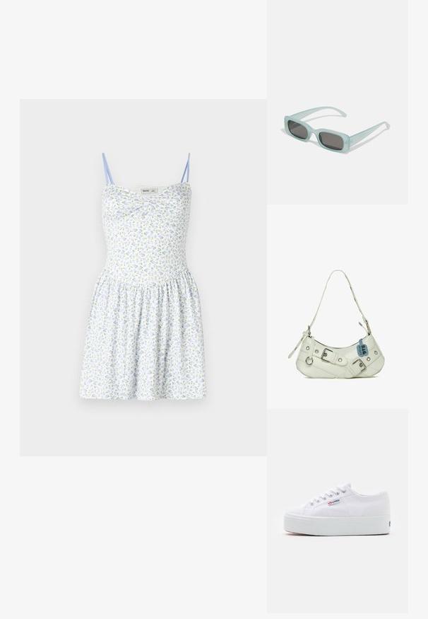 Bloemendruk jurk met lichtblauwe achterkant, dunne bandjes, aansluitend lijfje en geplooide rok. Heeft kleine gele en blauwe bloemen op een witte achtergrond.; Witte canvas sneaker met een dikke witte platformzool, ronde neus en metalen oogjes voor veters. Merkl logo aan de zijkant weergegeven.; Een paar rechthoekige zonnebrillen met lichtblauwe doorzichtige monturen en donkergrijze glazen, met rechte pootjes en minimale hardwaredetails.; Witte synthetische handtas met een gebogen silhouet, verstelbare schouderband, decoratieve gesp, zilverkleurige hardware en een blauwe label eraan bevestigd.