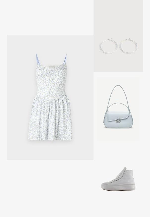 Bloemendruk jurk met lichtblauwe achterkant, dunne bandjes, aansluitend lijfje en geplooide rok. Heeft kleine gele en blauwe bloemen op een witte achtergrond.; Witte hoge canvas sneaker met witte veters, metalen oogjes, dikke rubberen zool en gestructureerde neuskap, naar links gericht op een witte achtergrond.; Lichtblauwe leren handtas met een afgeronde klep, zilveren ronde sluiting en twee schouderbanden tegen een effen achtergrond.; Een paar glanzende zilveren oorringen met dunne draadafsluitingen, getoond op een lichtgrijze achtergrond.