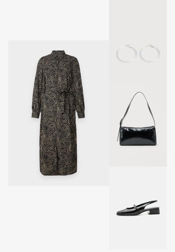 Sort kjole med lange ærmer og krave, prydet med et gyldent paisley-mønster, indsnævret talje og knælangt design. Blødt, flydende stof.; Sort laklæderslingback-sko med lav blokhæl og tynd rem med sølvspænde over toppen.; Sort rektangulær skuldertaske med en enkelt justerbar rem og lynlås i toppen på en ensfarvet baggrund.; Par skinnende sølvøreringe med tynde trådlåse, vist på en lys grå baggrund.