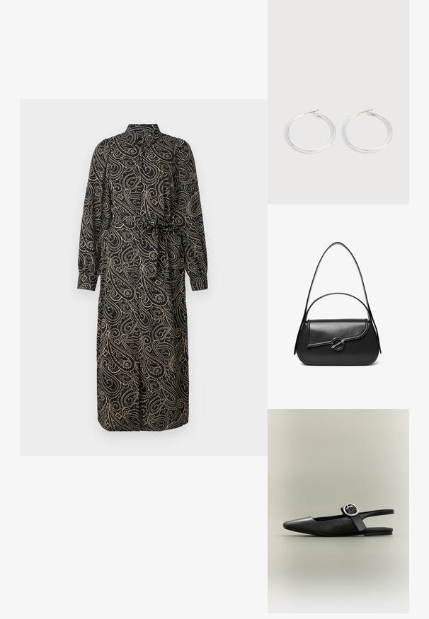 Must mustaga pikad varrukad ja krae, millel on kuldne paisley muster, vöökoht kitserdatud ja põlvikute pikkune disain. Pehme, voolav kangas.; Mustad terava ninaosaga tasane slingback-kinga hõbedase pandla ja madala kannaga neutraalsel taustal.; Must nahast õlakott kõverda kaanega, mida hoiab kinni ümmargune metallist klamber ja millel on õhuke, reguleeritav rihm.; Paari läikiva hõbedase rõngaskujulise kõrvarõngastega, millel on õhukesed traatlukkud, kuvatud heleda halli taustal.