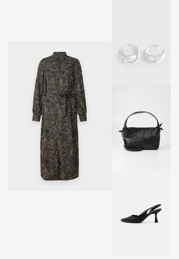 Sort kjole med lange ærmer og krave, prydet med et gyldent paisley-mønster, indsnævret talje og knælangt design. Blødt, flydende stof.; Sorte slingback hæle med spids tå, lavet af glat læder. Har et udskåret design og en robust, aftrappet hæl.; Sort læderhåndtaske med et struktureret design, rund tophåndtag og aftagelig skulderrem. Den har en glat tekstur og en subtil glans.; Et par polerede sølv halvmåneformede hoops med en glat, reflekterende overflade på en hvid baggrund.