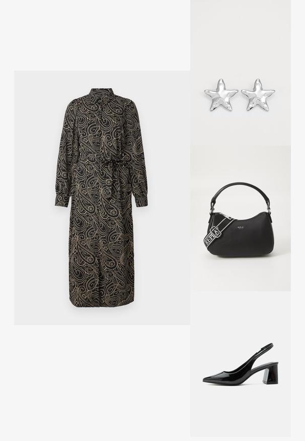 Schwarzes Kleid mit langen Ärmeln und einem Kragen, versehen mit einem goldenen Paisley-Muster, tailliert und knielang. Aus weichem, fließendem Stoff.; Schwarzer Slingback-Schuh aus Lackleder mit spitzer Zehenpartie und klobigem mittelhohem Blockabsatz auf weißem Hintergrund.; Schwarze Lederhandtasche mit geschwungenem Design, einem kurzen Griff und einem abnehmbaren gemusterten Schultergurt. Mit silbernem Logo und Reißverschlussverschluss.; Silberne sternförmige Ohrringe mit einer polierten, glänzenden Oberfläche. Jeder Ohrring hat fünf Spitzen und dezente Oberflächentexturdetails.
