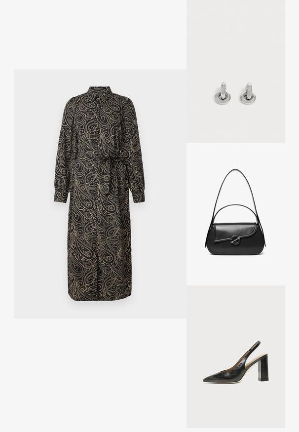 Zwarte jurk met lange mouwen en een kraag, met een gouden paisleypatroon, een getailleerde taille en een knielange ontwerp. Zacht, vloeibaar materiaal.; Zwarte leren slingback schoen met spits toelopend neusje, hoge blokhak en beige binnenvoering tegen een effen lichte achtergrond.; Zwarte leren schoudertas met een gebogen klep die is bevestigd met een ronde metalen sluiting en een smalle, verstelbare band.; Een paar kleine, glanzende zilveren creolen met een ronde basis, afgebeeld op een effen lichte achtergrond.