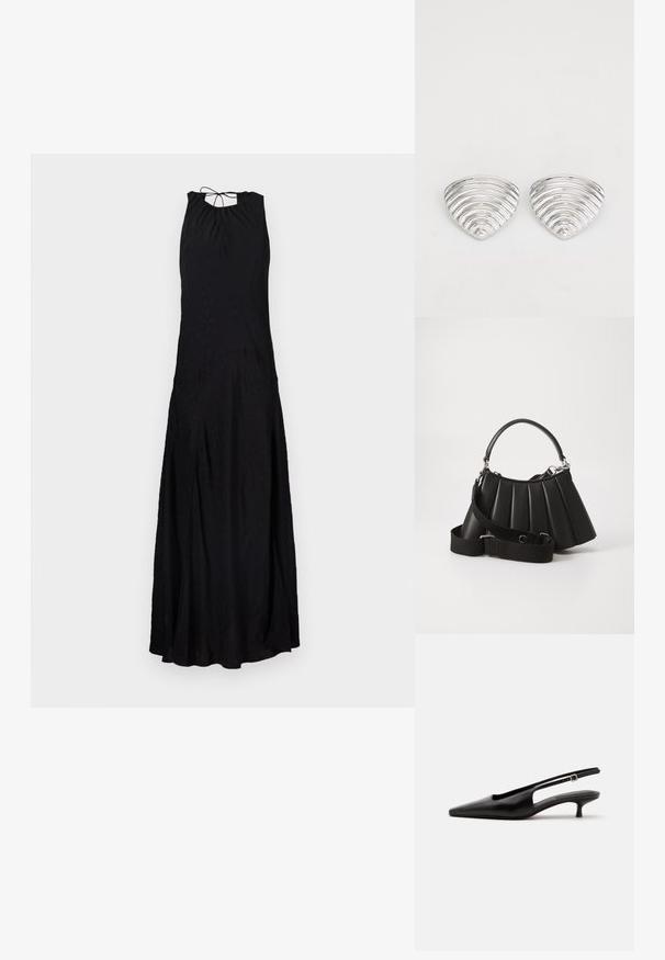 Sort maxikjole med halterneck, der har en bundet ryg, flydende form og en tekstureret overflade, som tilføjer subtilt detalje.; Sort læder slingback sko med spids tå og lav lille hæl på en ensartet lys baggrund.; Sort plisseret handbag med et rundet håndtag, justerbar rem og blank overflade. Har sølvfarvet hardware og en struktureret silhuet.; Sølvfarvede øreringe med et bølget, tekstureret design, formet som overlappende halvmåner; den polerede overflade fremhæver de reflekterende egenskaber.
