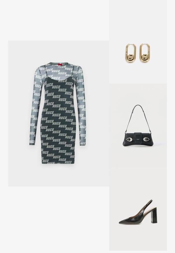 Langærmet kjole i mørkegrøn med et gentagende hvidt "HUGO" logo mønster. Lavet af tætsiddende, strækbart stof med rund halsudskæring.; Sort læder peep-toe slingback sko med høj blokhæl og beige indvendig foring mod en ensfarvet lys baggrund.; Sort skuldertaske i læder med to sølvspænder og justerbar rem, med "HUGO"-logo på midten foran.; BOSS DOUBLE B SWING - Øreringe - gold-coloured
