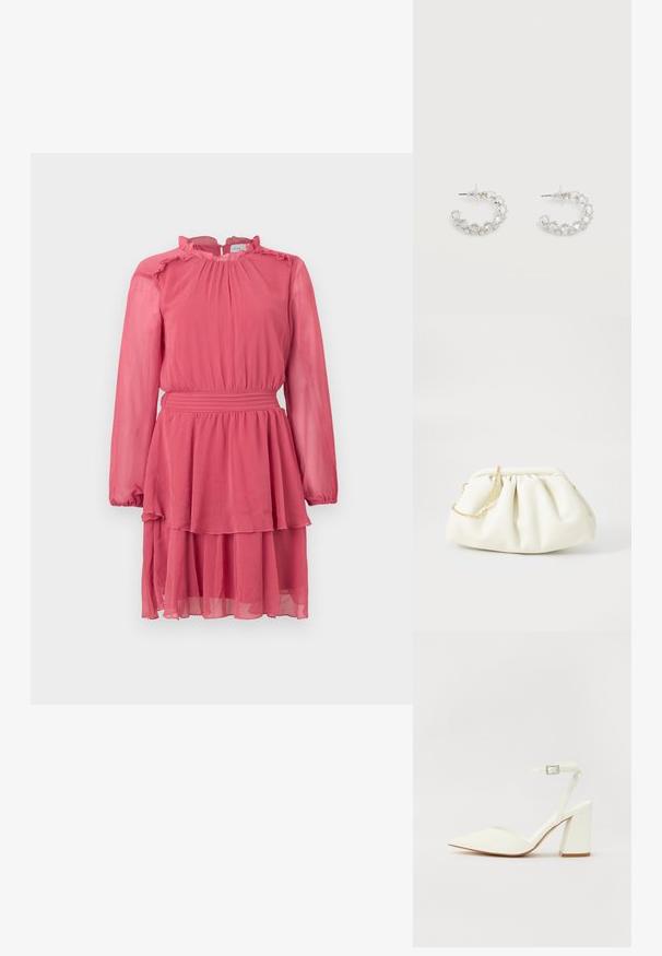 Vestido de chiffon rosa con mangas largas, escote con volantes y falda en capas. Presenta una cintura ceñida y una tela texturizada.; Sandalia blanca de tacón con puntera afilada, correa ajustable en el tobillo y un tacón cuadrado grueso. Textura lisa con detalles de costura mínimos.; Bolso de mano de cuero blanco con un diseño recogido, cuenta con una cadena dorada y forma redondeada. Textura suave con pliegues suaves y sin patrones.; Pendientes de aro plateados incrustados con cristales facetados transparentes, con cierre de poste y tapones auriculares transparentes sobre un fondo blanco.