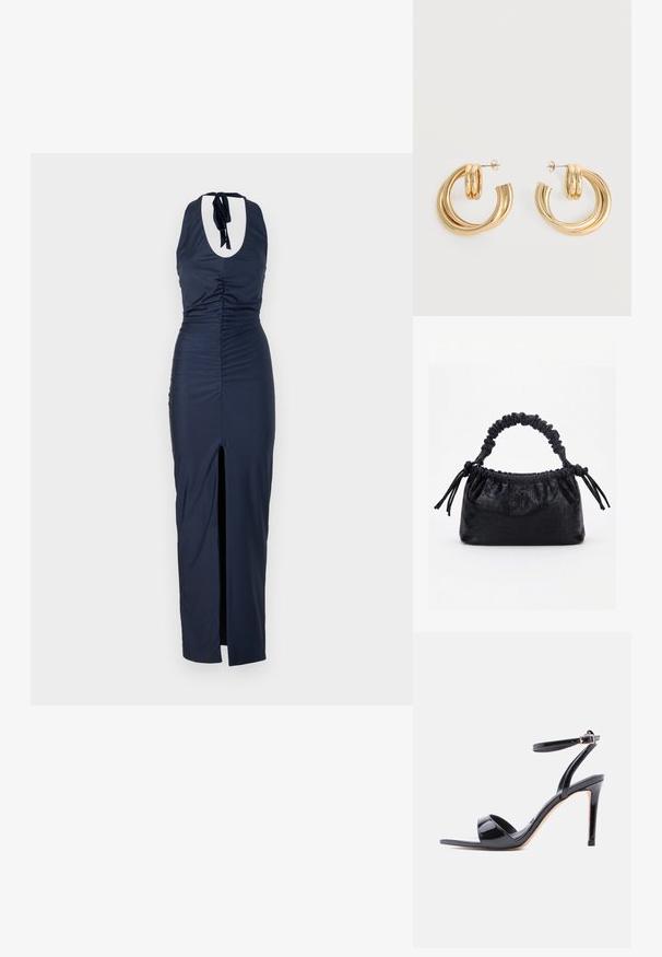 Robe à dos nu bleu marine avec une texture froncée, une fente sur le côté et un détail de dos ouvert. Le tissu est lisse et bien ajusté sur toute la silhouette.; Sandale à talon haut en cuir verni noir, à bout ouvert, avec bride à la cheville et fermeture à boucle, vue de profil sur fond blanc.; Sac à main noir avec texture crocodile, bord supérieur froncé, poignée plissée et pompons à cordon de chaque côté sur fond blanc.; Paire de boucles d'oreilles créoles doubles en or brillant avec attaches à tige sur fond blanc.