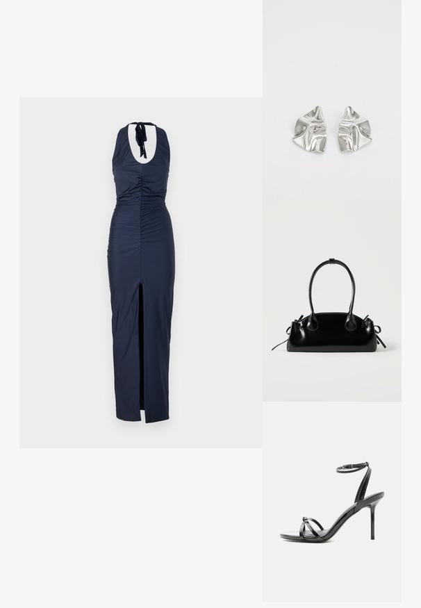 Robe à dos nu bleu marine avec une texture froncée, une fente sur le côté et un détail de dos ouvert. Le tissu est lisse et bien ajusté sur toute la silhouette.; Sandale à talon haut en cuir verni noir avec de fines lanières croisées sur les orteils et une sangle à boucle à la cheville sur fond blanc.; Petit sac à main noir brillant avec deux longues anses et des détails à cordon sur les côtés sur un fond clair uni.; Boucles d'oreilles en métal argenté avec un design ondulé et sculptural, présentant une finition polie et des formes irrégulières, mettant en valeur une esthétique contemporaine.
