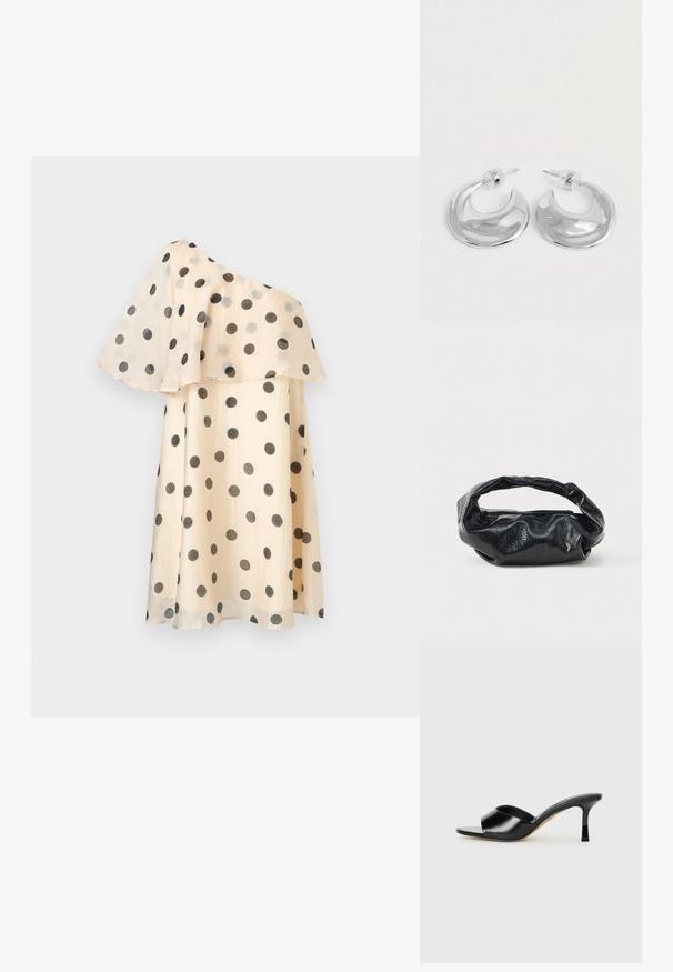 Robe beige asymétrique à pois noirs avec un volant fluide superposé sur la partie supérieure.; Mules à talons hauts en cuir noir avec un design à bout ouvert et une large sangle supérieure incurvée. Texture lisse et silhouette élégante.; Sac noir en matériau texturé et brillant avec une poignée circulaire torsadée et une fermeture éclair. Présente un design doux et froissé.; Une paire de boucles d'oreilles en croissant argenté poli avec des supports en plastique transparent sur une surface blanche.