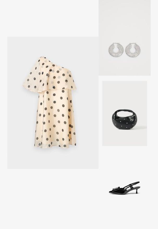 Robe beige asymétrique à pois noirs avec un volant fluide superposé sur la partie supérieure.; Talons aiguilles en cuir verni noir avec un bout pointu, un détail en nœud à l'avant et un petit talon stiletto. Les brides sont équipées de boucles ajustables.; Sac à main en cuir noir de forme arrondie, décoré de clous argentés et équipé d'une poignée courte. Texture lisse et fermeture éclair.; Boucles d'oreilles en argent en forme de créoles ornées de multiples embellissements en cristal transparent, présentant une surface texturée et un design circulaire ouvert.