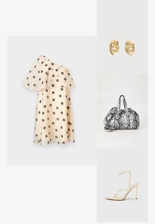Robe beige asymétrique à pois noirs avec un volant fluide superposé sur la partie supérieure.; Sandales à talons hauts beiges avec un bout pointu, comportant trois brides à l'avant et une fine bride à la cheville avec une boucle. Texture lisse, design minimaliste.; Sac à main en motif peau de serpent noir et blanc avec deux poignées, une fermeture à cordon et une bandoulière amovible. Texture lisse.; Paire de boucles d'oreilles en métal doré brillant, de forme irrégulière, avec une surface froissée et lisse sur un fond clair uni.