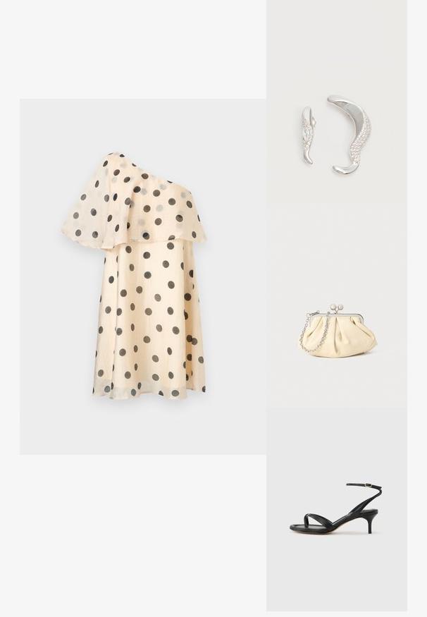 Robe beige asymétrique à pois noirs avec un volant fluide superposé sur la partie supérieure.; Sandale pour femme en cuir noir avec fines lanières, une boucle d'orteil, une boucle à la cheville et un talon aiguille de hauteur moyenne sur un fond neutre.; Pochette en cuir beige plissé avec un cadre en métal argenté, dotée de deux fermoirs ronds décoratifs et d'une chaîne en argent.; Deux boucles d'oreilles argentées courbées, l'une plus grande que l'autre, toutes deux ornées de petits cristaux scintillants le long d'un bord.