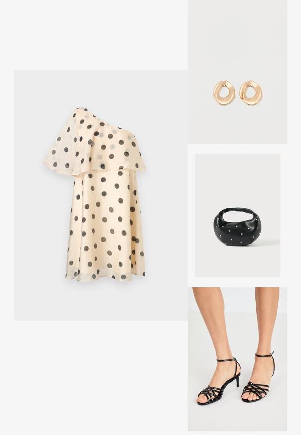 Robe beige asymétrique à pois noirs avec un volant fluide superposé sur la partie supérieure.; Sandales à talons hauts noires avec texture brillante. Bride de cheville avec boucle. Design à bout ouvert avec des détails entrecroisés.; Sac à main en cuir noir de forme arrondie, décoré de clous argentés et équipé d'une poignée courte. Texture lisse et fermeture éclair.; Paired boucles d'oreilles en métal doré poli de forme irrégulière avec un centre ouvert sur un fond blanc uni.