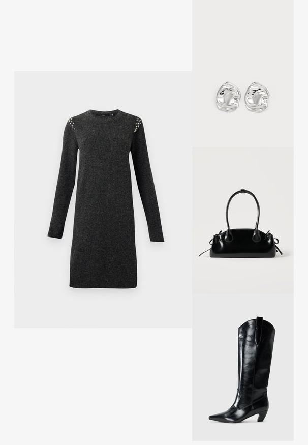 Dunkelgraues langärmliges Strickkleid mit rundem Ausschnitt und kleinen Perlenverzierungen an den Schultern, gerader Schnitt in knielanger Länge.; Schwarze kniehohe Stiefel aus Leder mit spitzem Zeh, niedrigem Absatz und dekorativen Nähten an den Seiten. Glatte, glänzende Oberfläche.; Kleine schwarze glänzende Handtasche mit zwei langen Griffen und seitlichen Kordelzug-Details vor einfachem hellem Hintergrund.; Silberne, abstrakt geformte Ohrstecker mit polierter Oberfläche, die durch sanfte Kurven und subtile Konturen bestechen. Keine sichtbaren Muster oder Akzente.