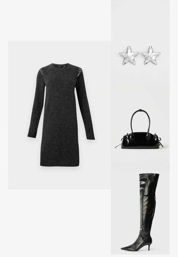 Vestido de punto gris oscuro de manga larga con escote redondo y pequeñas embellishments de perlas en los hombros, corte recto a la altura de la rodilla.; Botas de cuero negro hasta la rodilla con un acabado brillante, punta afilada y un tacón de aguja delgado. Presentan una parte superior ajustada con detalles de costura.; Pequeño bolso negro brillante con dos asas largas y detalles de cordón lateral sobre un fondo claro liso.; Pendientes en forma de estrella plateada con una superficie pulida y brillante. Cada pendiente presenta cinco puntas y sutiles detalles de textura en la superficie.