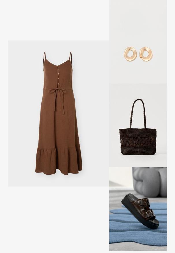 Robe midi marron sans manches avec fines bretelles, boutons sur le devant, ceinture à la taille et ourlet à volants en tissu texturé.; Sandale mule en cuir brun avec deux boucles argentées réglables sur une semelle plateforme noire, posée sur un tapis bleu texturé.; Sac fourre-tout tissé brun foncé avec des motifs floraux et deux longues poignées tressées sur un fond clair uni.; Paired boucles d'oreilles en métal doré poli de forme irrégulière avec un centre ouvert sur un fond blanc uni.
