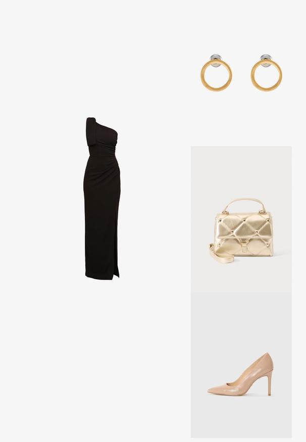 Schwarzes, einseitiges Abendkleid mit Raffung, tailliertem Schnitt und einem hohen Schlitz bis zum Oberschenkel. Hergestellt aus einem glatten, elastischen Stoff.; Beige Leder High Heel Pumpe mit spitzem Schaft und schlankem Stiletto-Absatz auf einem schlichten weißen Hintergrund.; Kleine metallische goldfarbene Handtasche mit Tragegriff oben, abnehmbarem Schulterriemen, gesteppter Musterung und goldfarbenen Nieten auf einem einfarbigen Hintergrund.; Edelstahl-Ohrringe in Goldfarbe mit runden Holzakzenten, die eine glatte Textur und ein minimalistisches Design aufweisen. Die Silhouette betont die Einfachheit.