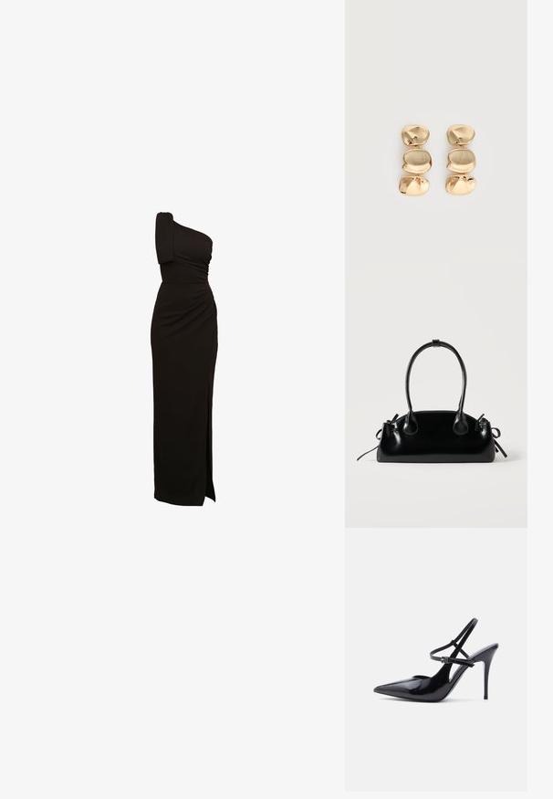 Zwart, een-schouder jurk met gerimpelde details, een getailleerde taille en een hoge split tot op de dij. Gemaakt van een gladde, elastische stof.; Zwart lakleren pumps met spitse neus, hoge naaldhakken en twee smalle verstelbare enkelbandjes, zijaanzicht.; Kleine zwarte glanzende handtas met twee lange hengsels en zijkant trekkoord details op een effen lichte achtergrond.; Oorbellen in goudkleur met drie onregelmatige, gladde, afgeronde segmenten die verticaal opgestapeld zijn op een egale lichte achtergrond.