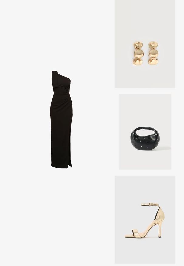 Schwarzes, einseitiges Abendkleid mit Raffung, tailliertem Schnitt und einem hohen Schlitz bis zum Oberschenkel. Hergestellt aus einem glatten, elastischen Stoff.; Goldene, metallische High-Heel-Sandale mit einem dünnen Knöchelriemen, offenem Zehenbereich und elegantem Design. Verfügt über eine glatte Textur und minimalistische Details.; Schwarze Lederhandtasche mit abgerundeter Form, verziert mit silbernen Nietenakzenten und kurzem Griff. Glatte Struktur und Reißverschlussverschluss.; Ohrhänger in Goldoptik mit drei unregelmäßigen, glatten, abgerundeten Segmenten, die vertikal auf einem schlichten, hellen Hintergrund gestapelt sind.
