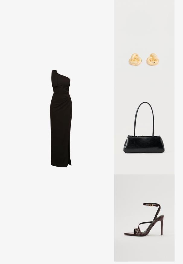 Schwarzes, einseitiges Abendkleid mit Raffung, tailliertem Schnitt und einem hohen Schlitz bis zum Oberschenkel. Hergestellt aus einem glatten, elastischen Stoff.; Bordeaux-farbenes Lackleder-High-Heel-Sandale mit einem Knöchelriemen, spitzem Zehenbereich und drei horizontalen Riemen über dem Fuß. Details mit goldfarbener Schnalle.; Schwarze rechteckige Schultertasche mit langen dünnen Trägern und einer glatten, glänzenden Textur auf einfarbigem Hintergrund.; Paar glänzende Ohrstecker in Form eines Knotens in Goldton vor einem einfachen weißen Hintergrund.