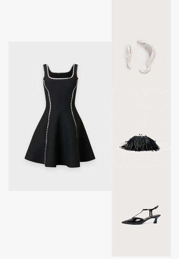 Robe noire sans manches en ligne A avec encolure carrée, ornée d'un biais zigzag blanc le long de l'encolure, des côtés et des bretelles.; Chaussure slingback en cuir verni noir à bout pointu avec bride en T et petit talon bloc incliné sur fond blanc.; Pochette noire à franges avec fermoir argenté et chaîne, sur un fond clair uni.; Deux boucles d'oreilles argentées courbées, l'une plus grande que l'autre, toutes deux ornées de petits cristaux scintillants le long d'un bord.